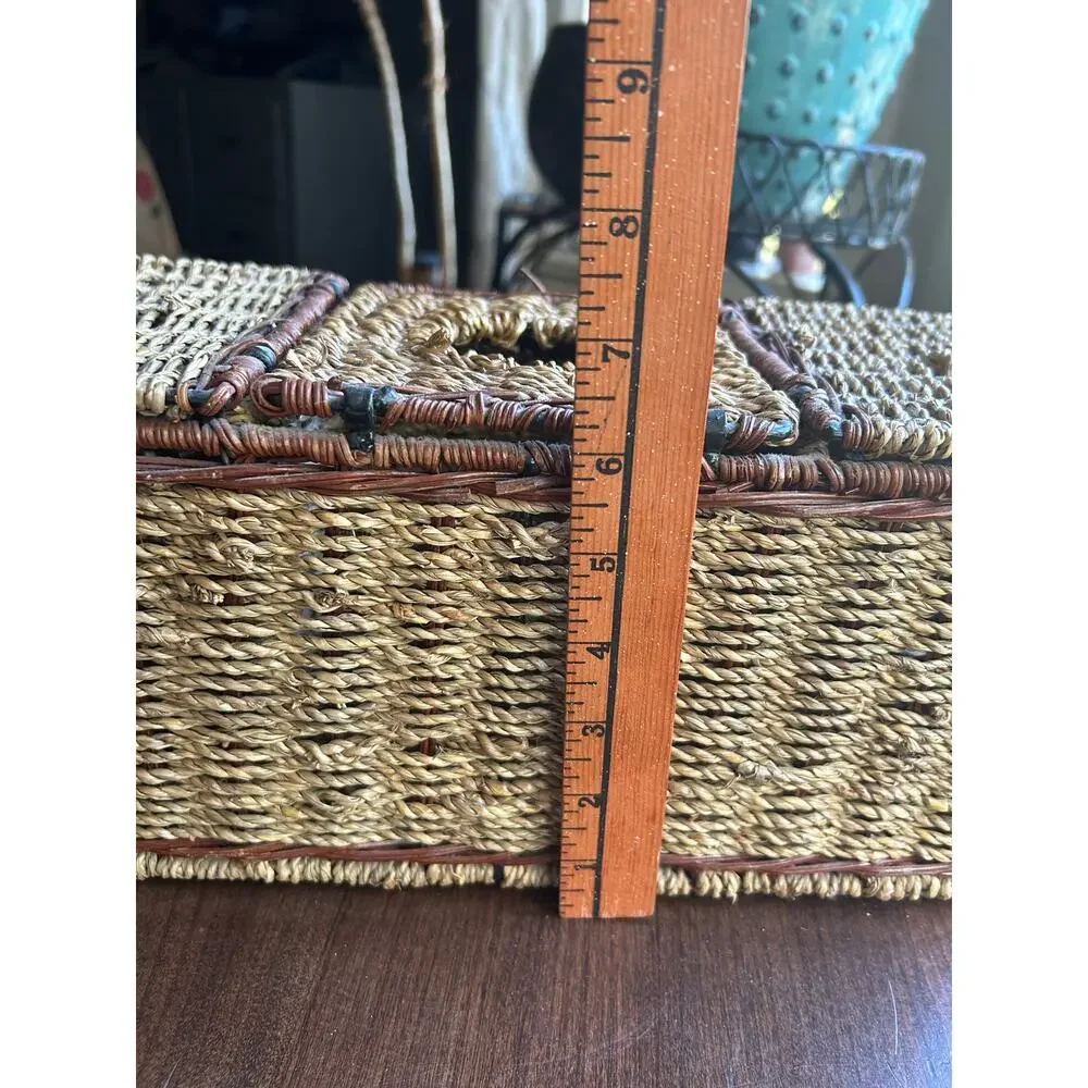 Wicker Rattan 3-Part Basket Tissue TP Holder Organizer Storage Hinged